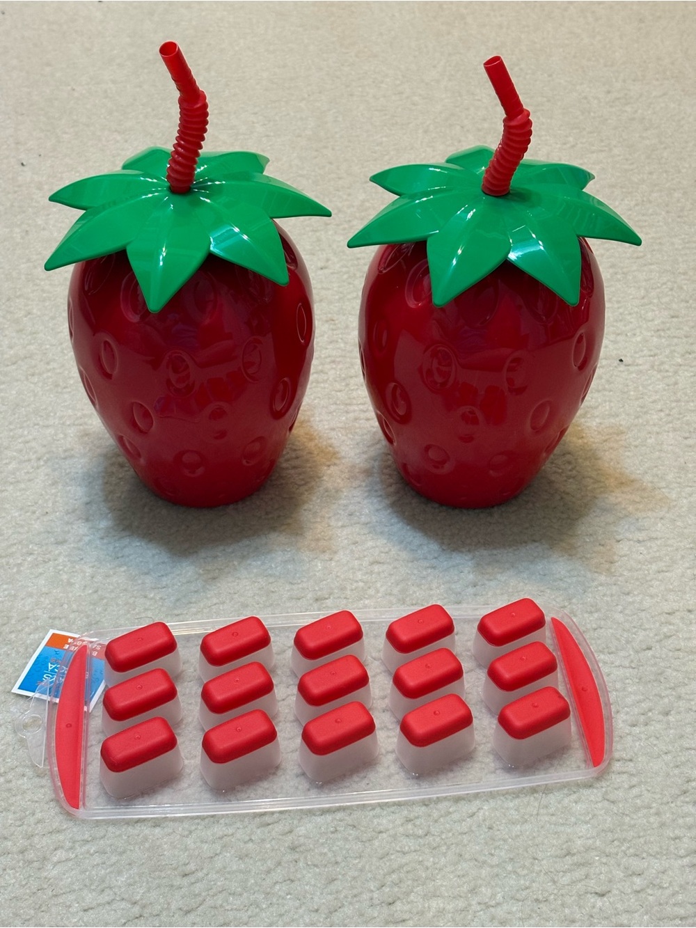 Festive Drink Dispensers Strawberry Shaped w/Straws & Ice Tray Red Silicone